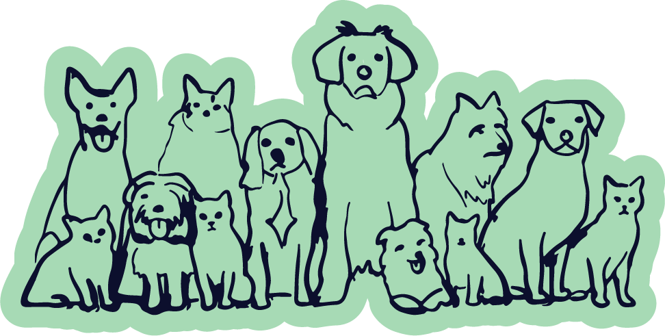 Logo van een reeks honden die naast elkaar zitten. Logo is met de hand getekend en toont zwarte lijnen op een groene achtergrond.